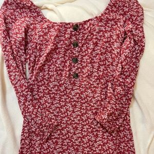 Red and White Floral Long Sleeve American Eagle Dress S